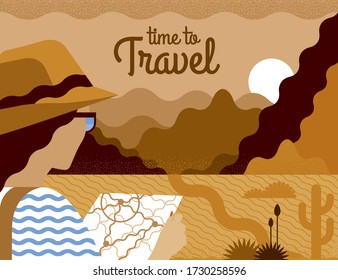 Vector nature landscape illustration of desert in brown colors. Summer travel. Beautiful view with of sands and mountains. Can be used for banner, gift card, flyer, postcard, poster, cover.