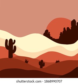 Vector nature landscape illustration of desert in brown colors. Beautiful Western Desert Landscape with Sky Rock