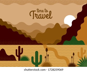 Ilustración del paisaje de la naturaleza vectorial en colores naranja, marrón y verde. Viajes de verano. Bonitas vistas al desierto sobre el fondo de las montañas. Puede utilizarse: banner, tarjeta de regalo, volante, afiche, portada.