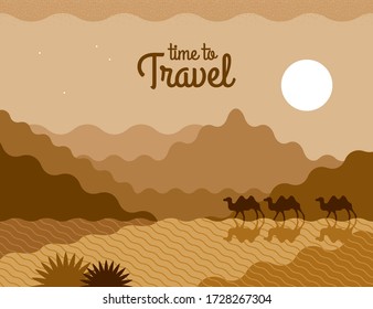 Vector nature landscape illustration in orange, brown colors. Summer travel. Beautiful desert view with camels, sands and mountains. Can be used for banner, gift card, flyer, postcard, poster, cover.