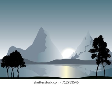 Vector nature landscape illustration
Outcast sky and pale sun behind mountains and lakeside trees