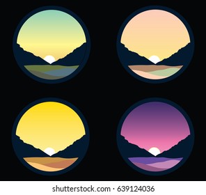 Vector nature landscape illustration set
sunset in circle frame, mountains and fields