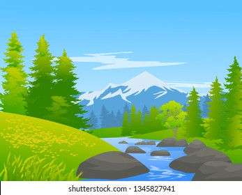 vector nature landscape illustration with stream river by mountain