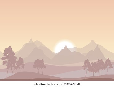 vector nature landscape illustration. sunset sky, hills and forest