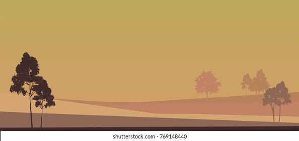vector nature landscape illustration. tree silhouettes, valley and hills