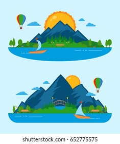 Vector nature landscape with lake, trees, mountain, clouds and sun
