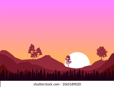 vector nature landscape, mountain radge under sunset sky, pine forest and tree silhouettes 