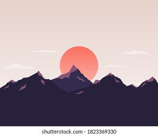 Vector nature landscape with mountain, sun, sky. Landscape silhouette vector illustration.