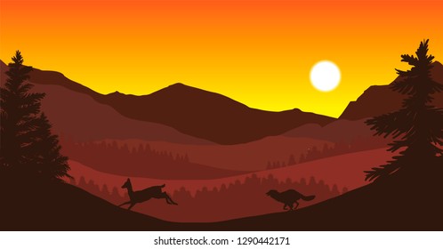 Vector Nature Landscape, Mountains And Forest, Wolf Chasing A Doe Wildlife Illustration