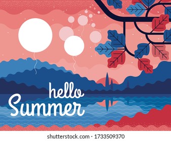 Vector Naturlandschaft von Bergen, Meer und Sonnenuntergang. Sommerreise. Trendy Stil bunner. Kann für Banner, Geschenkkarte, Flyer, Postkarte, Poster, Cover verwendet werden.