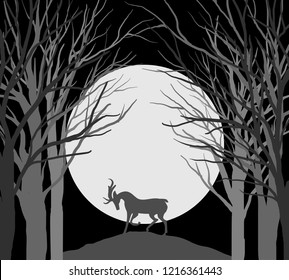 vector nature landscape night forest and deer under full moon light