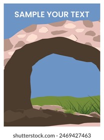 vector nature landscape poster, with cave and green field view. vector illustration background vacation travel concept with flat style.