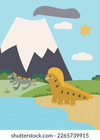 vector nature landscape prehistoric period  with   dinosaurs and volcano