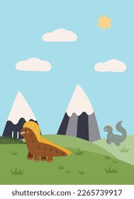vector nature landscape prehistoric period  with   dinosaurs and mountains 