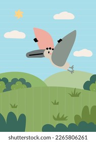 vector nature landscape prehistoric period with doodle pterodactyl and hills