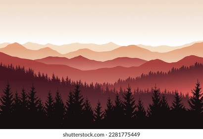 Paisaje natural vectorial con siluetas rojas de montañas y bosque