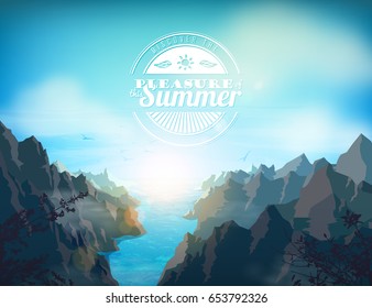 Vector nature landscape. River and mountains on blue sky background. Vector natures hills. Vacation and summer holidays background, travel poster