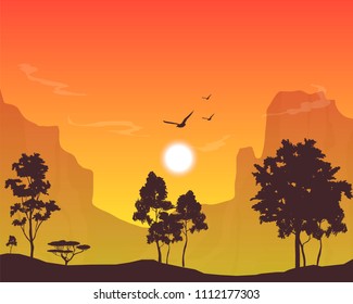 vector nature landscape,  rocks and mountains silhouettes, sunset sky and pine trees 