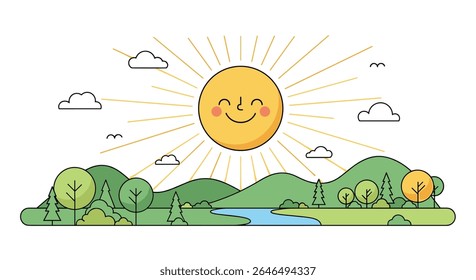 Vector nature landscape scene with smiling sun shining over hills and trees