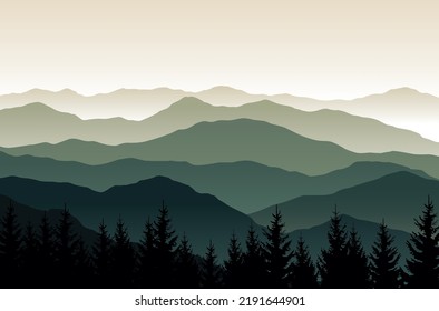 Vector nature landscape with silhouettes of mountains and forest