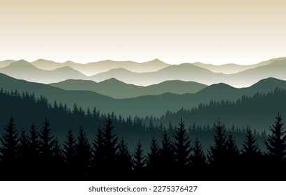 Paisaje natural vectorial con siluetas de montaña y bosque