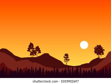vector nature landscape under sunset glow in warm colors. pine forest and tree silhouettes over hills