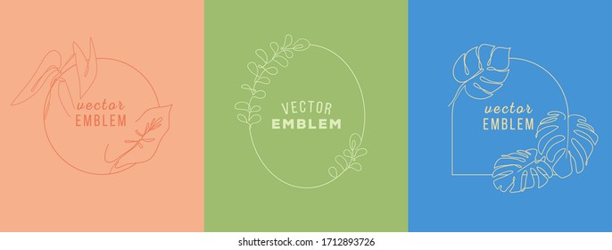 Vector nature logo design in linear style, monogram template concept - floral frame with copy space for text, date - emblem for fashion, spa, beauty and jewellery industry.  Linear badge design.