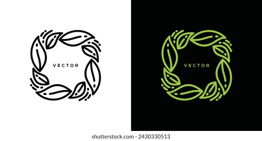 Vector nature logo design template and monogram concept in linear style. flower and leaf frame with copy space for text or letters