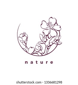 Vector nature logo. Organic card. Botanical beauty symbol of almond branch, leaves, flower. Art template, bio elegance frame. Graphic illustration in circle. Natural luxury product, label, sticker