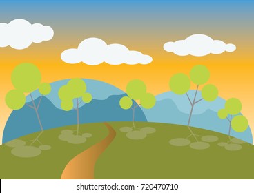 Vector : Nature, mountain forest with median evening skyline.