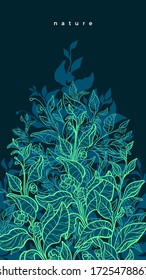 Vector nature neon background. Art line green plant, organic flora. hand drawn graphic template, bio illustration. Botany pattern. Tea bush, branch, flower in bloom, night leaf 
 