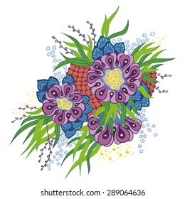 Vector nature object with colorful flowers and leaves for your design
