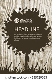 Vector nature organic template for brochure, flyer, magazine cover or poster. Eco wooden texture background with tree silhouette.