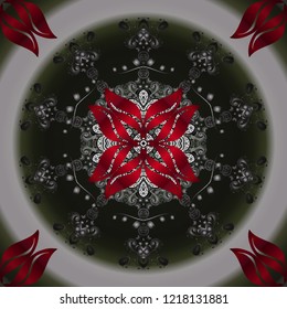 Vector nature ornamental pattern with abstract ornament. Vector round mandala in childish style. Ornamental doodle gray, neutral and red colors.