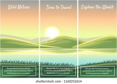 Vector nature Pamphlet, Banner, Flyer Design. Fields and hills at dawn. Summer mountain rural landscape. Illustration of nature with summer hill, fields, grass, river, lake, and sunrise/dawn.