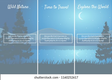 Vector nature Pamphlet, Banner, Flyer Design. Beautiful geometric illustration. Realistic vector illustration of nature landscape with forest, mountains, pines, river/lake, moon and stars.