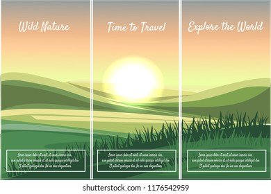Vector nature Pamphlet, Banner, Flyer Design. Summer mountain rural landscape. Illustration of nature with summer hills, fields, grass, and sunrise/dawn.
