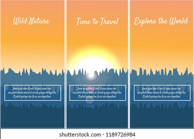 Vector nature Pamphlet, Banner, Flyer Design. Beautiful geometric illustration. Realistic vector illustration of nature landscape with forest and sunrise, sunset. Silhouette landscape.