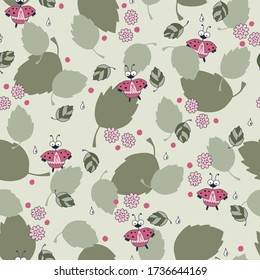 Vector nature pattern in green. Simple doodle ladybug, leaves and flowers made into repeat. Great for background, wallpaper, wrapping paper, packaging, fashion.