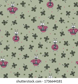 Vector nature pattern in green. Simple doodle ladybug and four-leaf clover made into repeat. Great for background, wallpaper, wrapping paper, packaging, fashion.
