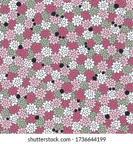 Vector nature pattern in pink and green. Simple doodle flowers made into dense repeat. Great for background, wallpaper, wrapping paper, packaging, fashion.
