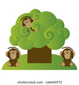 Vector Nature Scene With Three Cute Monkeys