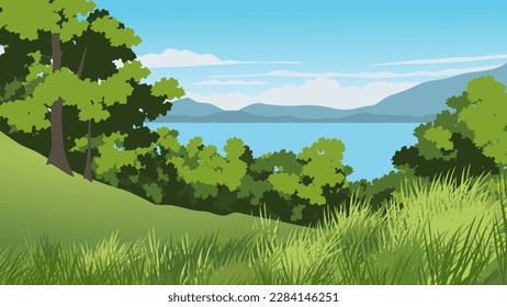 Vector nature scenery with forest and view view of lake