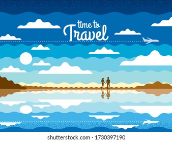 Vector nature sea landscape in brown, blue colors. Summer trip. Beautiful morning lake view on the background of mountains. Can be used for banner, gift card, flyer.