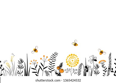Vector nature seamless background with hand drawn wild herbs, flowers and leaves on white. Doodle style floral illustration.