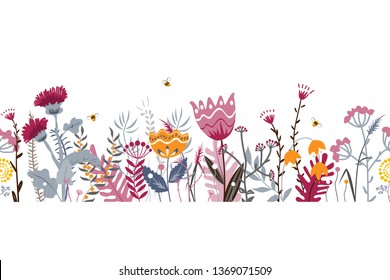 Vector nature seamless background with hand drawn wild herbs, flowers and leaves on white. Doodle style floral illustration. Floral border