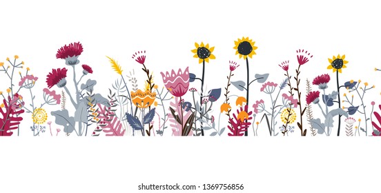 Vector nature seamless background with hand drawn wild herbs, flowers and leaves on white. Doodle style floral illustration border