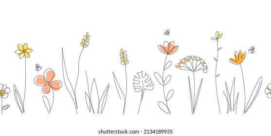 Vector nature seamless border with bees, wild herbs and flowers on white. Continuous line drawing background. Doodle hand drawn style floral illustration.