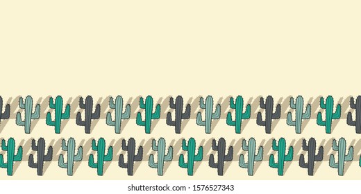 Vector nature seamless border in beige. Simple doodle cactus with shadow hand drawn made into repeat. Great for invitations, decor, packaging, ribbon, greeting cards, stationary.
