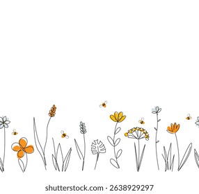 Vector nature seamless border with honey bees, wild herbs and flowers on white. Continuous line drawing background. Doodle hand drawn style floral illustration.